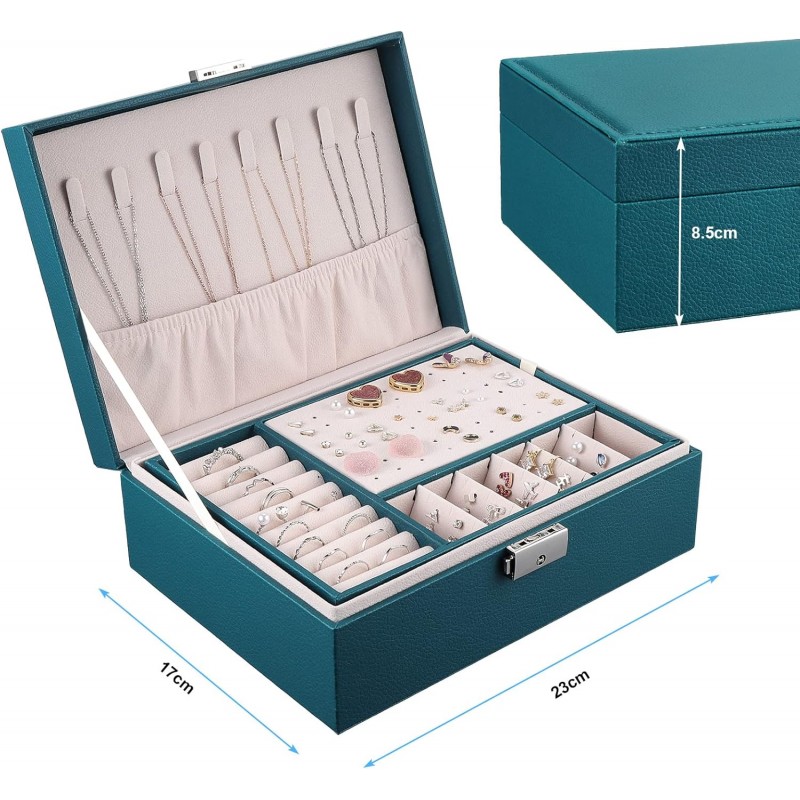 Coptiner Boîte à Bijoux pour Femme filles, Coffret à Bijoux en Cuir Verrouillable de 2 Couches, Organisateur à Bijoux Rangement