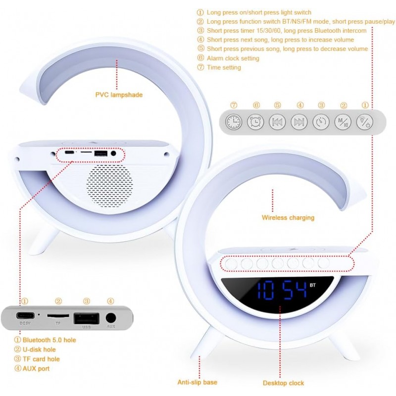 DELINEON Chevet Lampe de Table Haut - Parleur Bluetooth Éclairage Ambiant Veilleuse Avec Chargeur Sans fil 15W, Réveil de