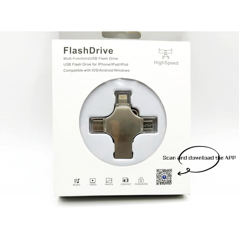 128GB USB Flash Drive 4-in-1 Compatible with Apple Phone Android iPad Mac PC Galaxy S Windows, Fast USB A USB C Micro USB &