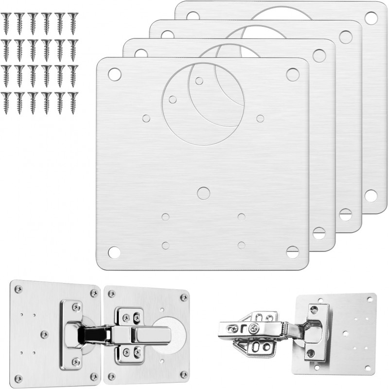 4 Pièces Plaque de Réparation de Charnière D'armoire avec Trou, Plaque de Reparation Charniere kit de Plaque, Supports de