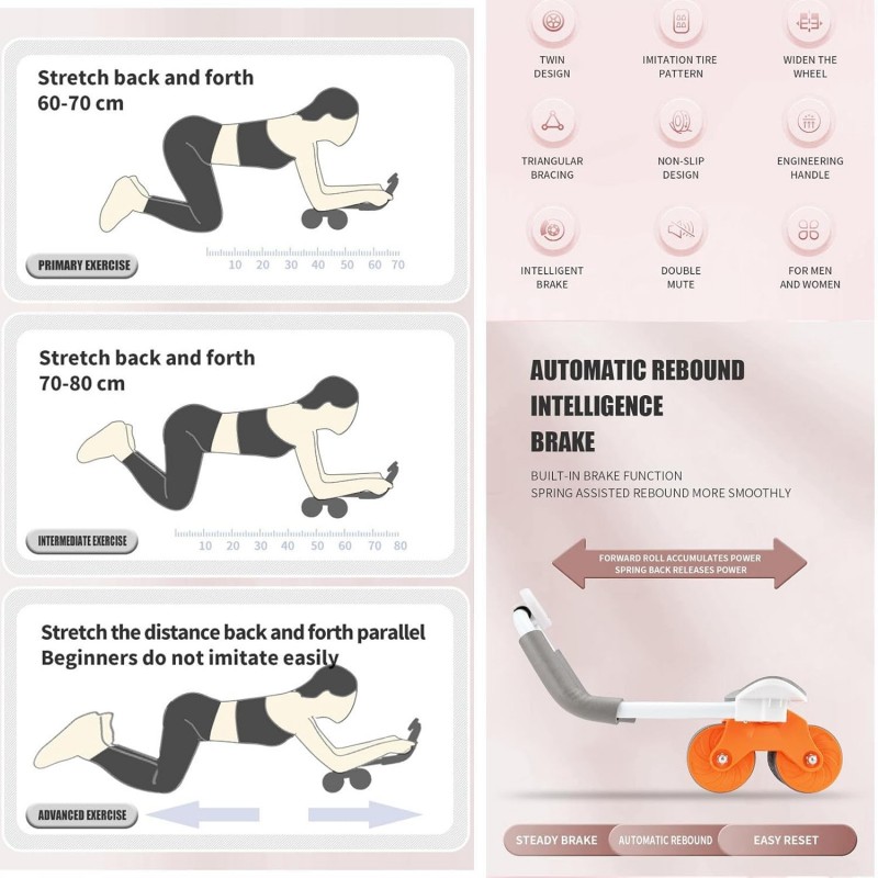 Roue abdominale à rebond automatique avec minuterie | Équipement de fitness adapté aux débutants, roue d'exercice silencieuse