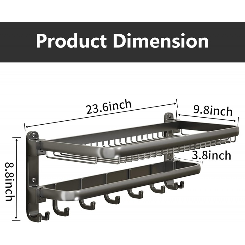 FOUTLQ Porte-Serviettes pour Salle De Bains Mur Monté avec Porte-Serviettes et Crochets, 24 Pouce Pliable Serviette Étagère pour