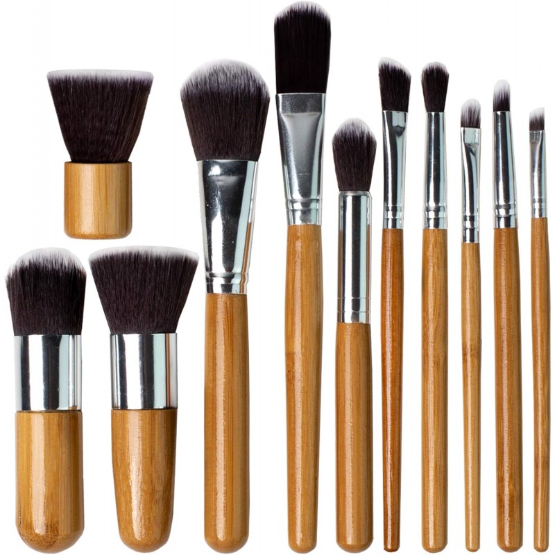 Lot de 11 pinceaux de maquillage Kabuki professionnels avec manche en bois pour fond de teint, maquillage pour poudre et crème -